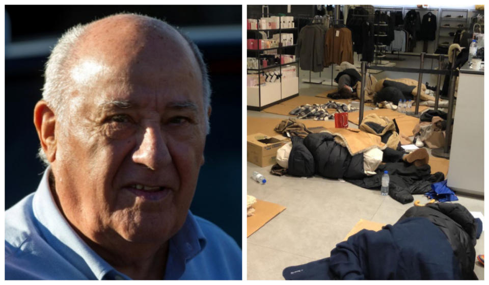 Amancio Ortega -izquierda- y los empleados durmiendo entre cartones de la tienda ZARA del centro comercial Gran Plaza 2 -derecha-. (Fuentes: EFE Archivo y Twitter/@Oprimide)