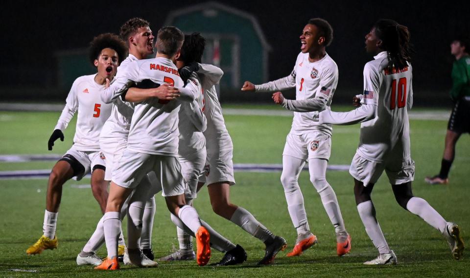 The Mansfield Senior Tygers celebrate a late goal during their 4-1 win over Clear Fork on Monday night which netted them their first postseason win since 2013.
