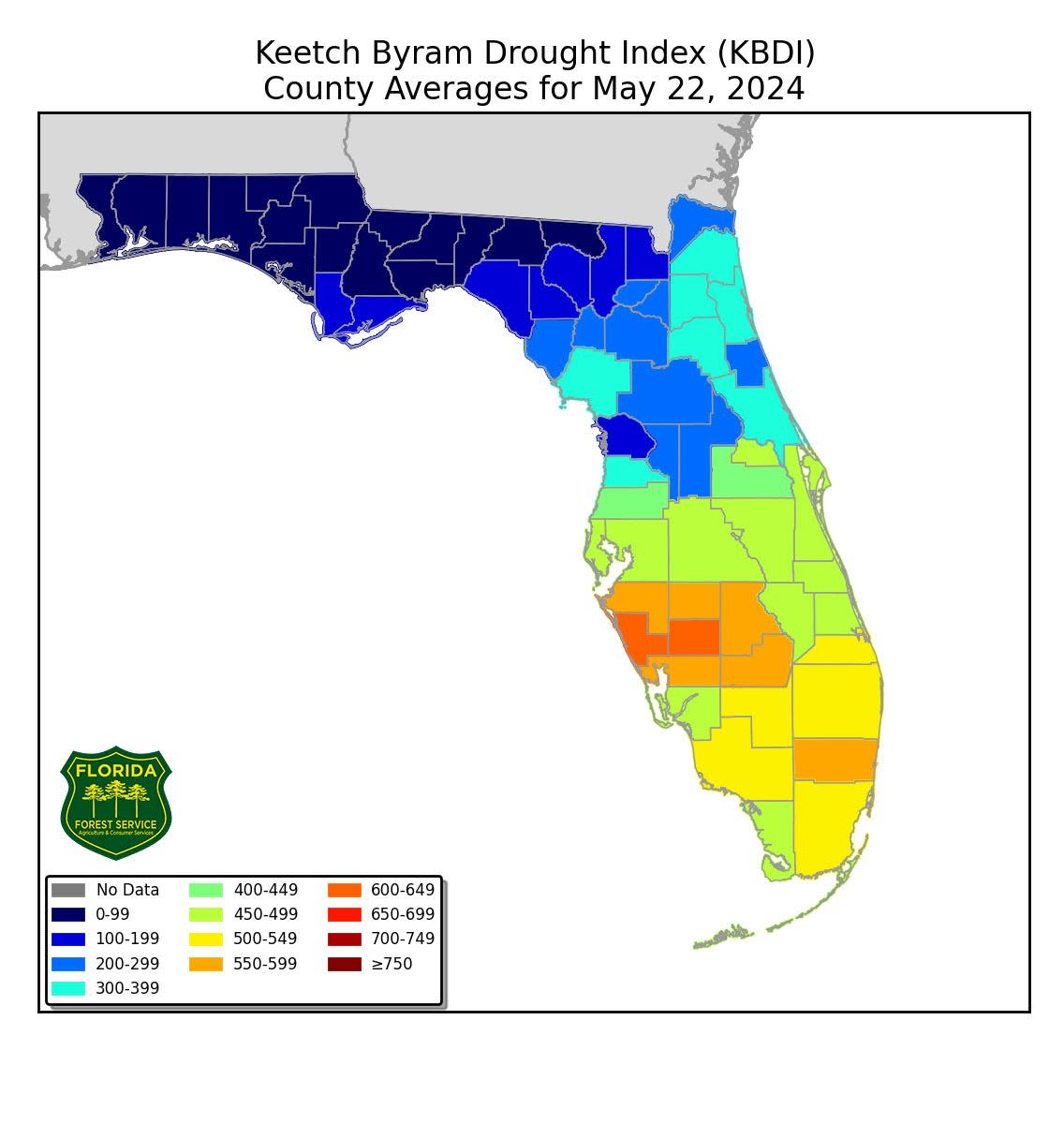 This map shows that both Sarasota and DeSoto counties registered between 600 and 649 on the Keech Byram Drought Index as of May 22. That places the counties in moderate drought conditions.