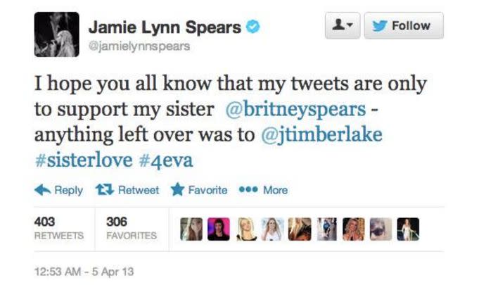 “I hope you all know that my tweets are only to support my sister  @britneyspears – anything left over was to @jtimberlake #sisterlove #4eva,” she wrote, before deleting it, too.