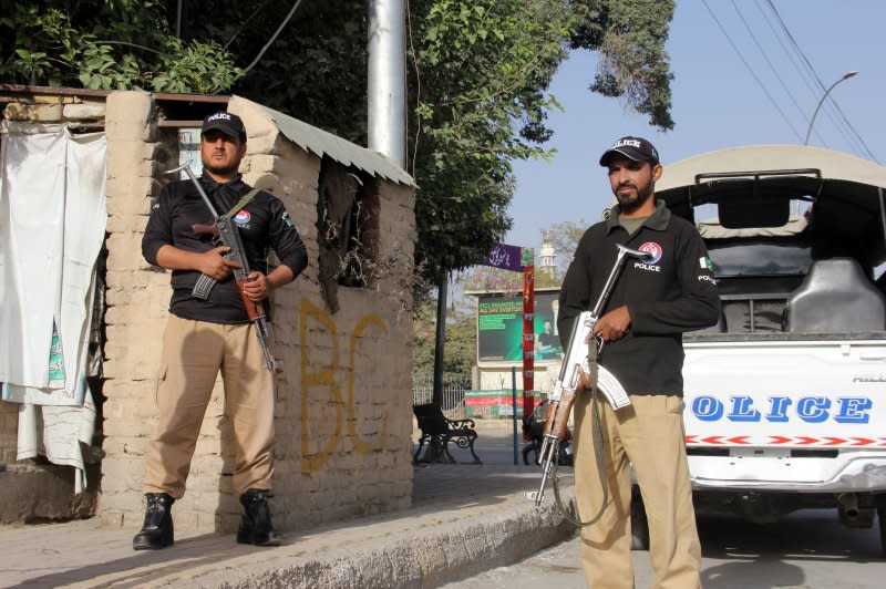 Pakistani security officials stand guard at a checkpoint in Balochistan, Pakistan, on Oct. 1. The Pakistani military said Saturday it had repelledan attack by Islamist militants on the Mianwali airbase in the northeastern province of Punjab. File Photo by Fayyaz Ahmad/EPA-EFE