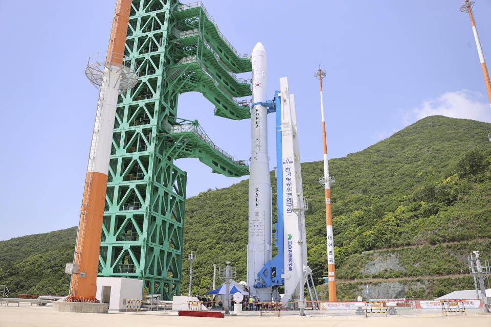 In this photo released by the Korea Aerospace Research Institute, the Nuri rocket sits on its launch pad at the Naro Space Center in Goheung, South Korea, Tuesday, May 23, 2023. South Korea was set to launch its first commercial-grade satellite, on Wednesday as rival North Korea(Korea Aerospace Research Institute via AP)