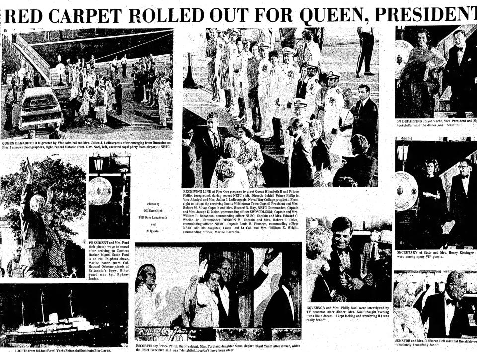 A photo page from the Newport Navalog in 1976 covering the visit of Queen Elizabeth II and Prince Philip.