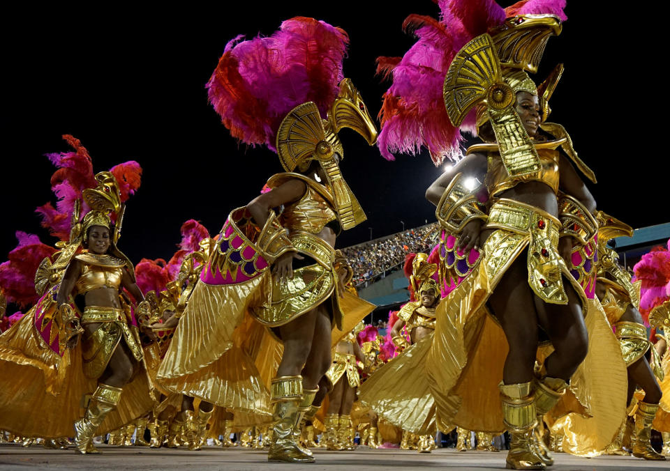 <p>Revellers from Salgueiro perform during the second night of the Carnival parade at the Sambadrome in Rio de Janeiro, Brazil, Feb. 12, 2018. (Photo: Ricardo Moraes/Reuters) </p>