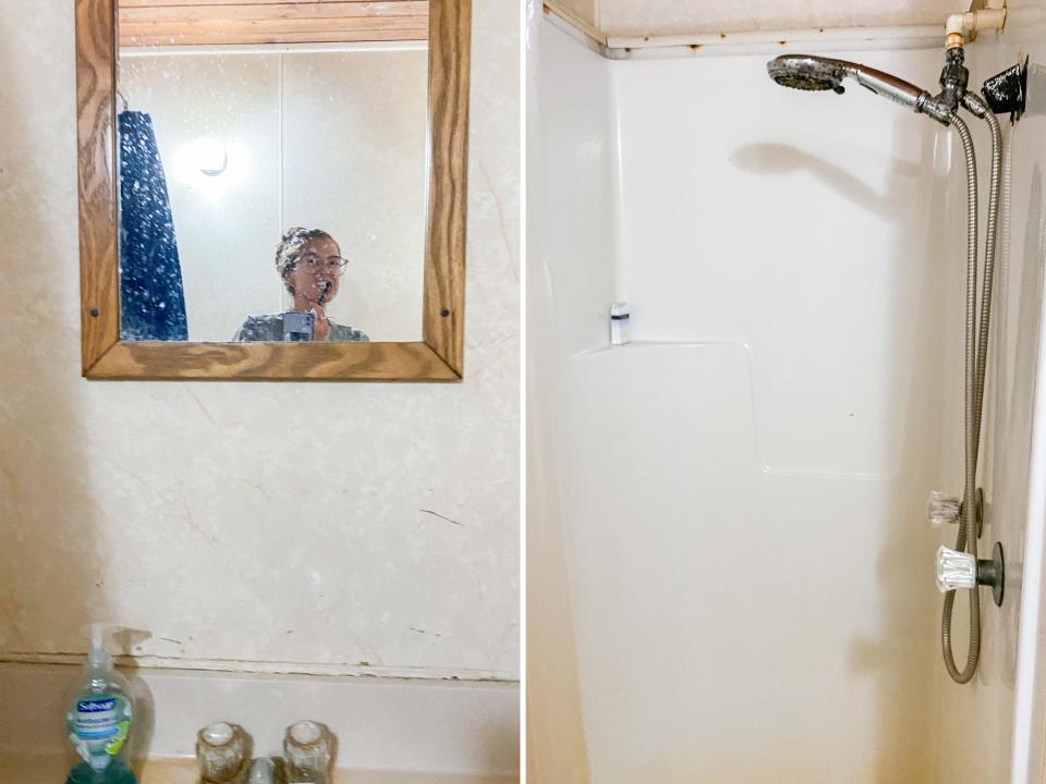 Side by side photos show the bathroom sink, mirror, and shower