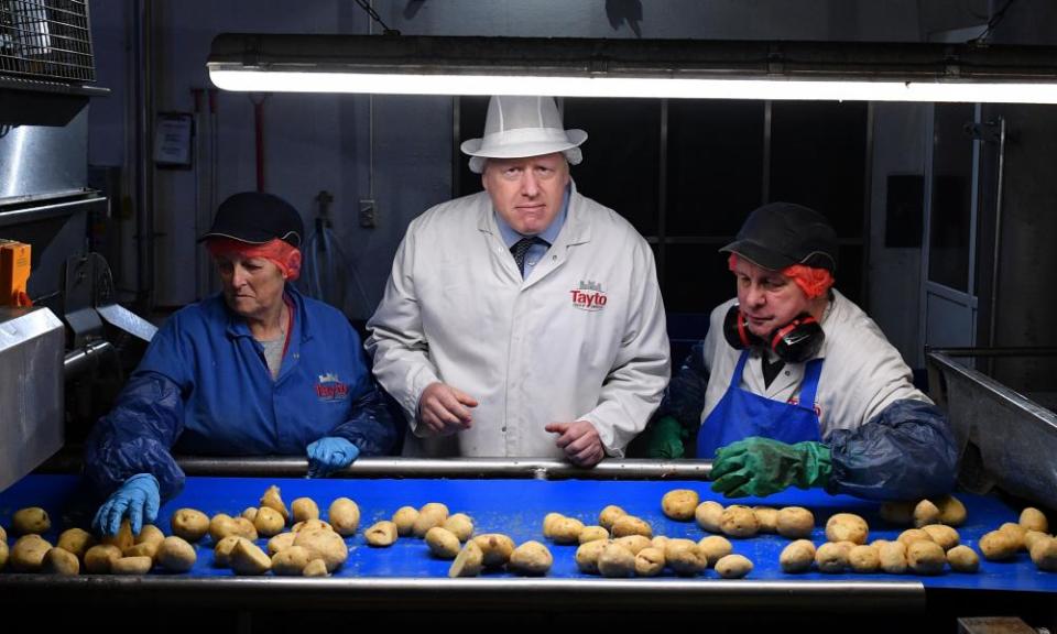 Prime Minister Boris Johnson during an election campaign visit to the Tayto Castle crisp factory on November 07, 2019 in County Armagh, Northern Ireland.