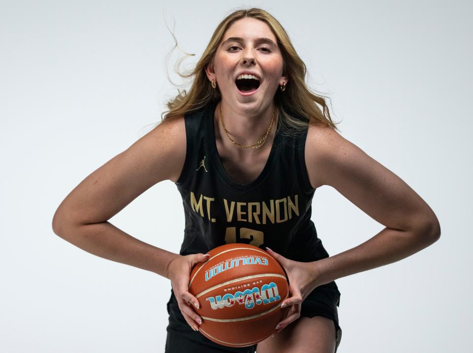 Mt. Vernon's Ellery Minch (12) poses for a photo Tuesday, Oct. 17, 2023, at The Indianapolis Star.