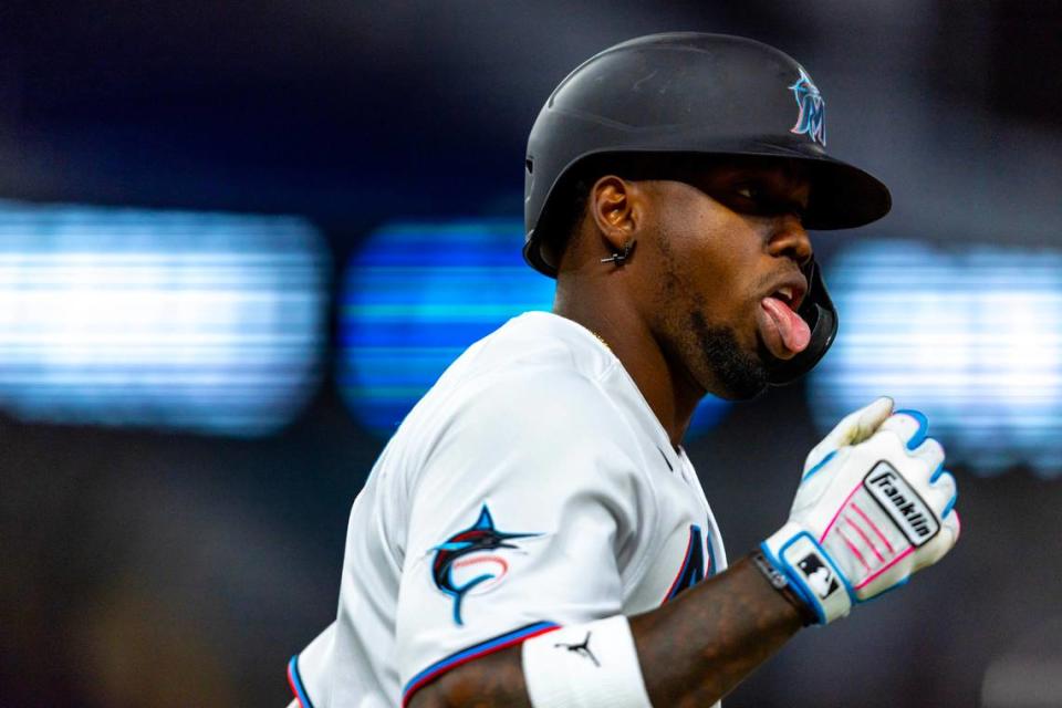 Miami Marlins batter Jorge Soler (29) reacts to homering during the ninth inning of an MLB game against the Philadelphia Phillies at loanDepot park in the Little Havana neighborhood of Miami, Florida, on Wednesday, August 2, 2023. D.A. Varela/dvarela@miamiherald.com