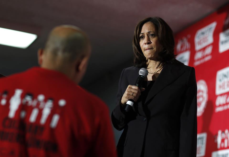Democratic presidential candidate Sen. Kamala Harris, D-Calif., listens to a question at a town hall event at the Culinary Workers Union, Friday, Nov. 8, 2019, in Las Vegas. (AP Photo/John Locher)