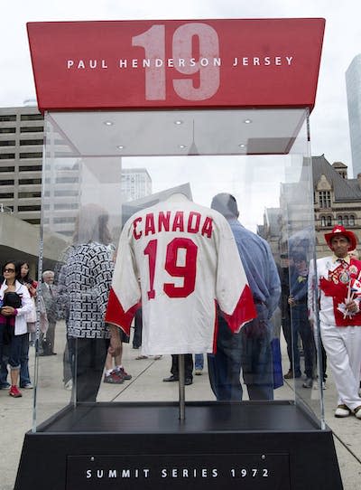 Paul Henderson’s game-winning Summit Series jersey is displayed in Toronto. THE CANADIAN PRESS/Nathan Denette