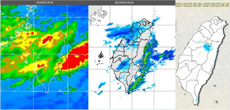 今（23日）晨4：30紅外線色調強化雲圖顯示，台灣上空仍有很多雲層，結構鬆散（左）；4：30雷達回波合成圖顯示，陸上降水回波很弱，顯示雲層中水滴小、且稀少（中）；4：30累積雨量圖顯示，山區有零星少量降雨（右）。