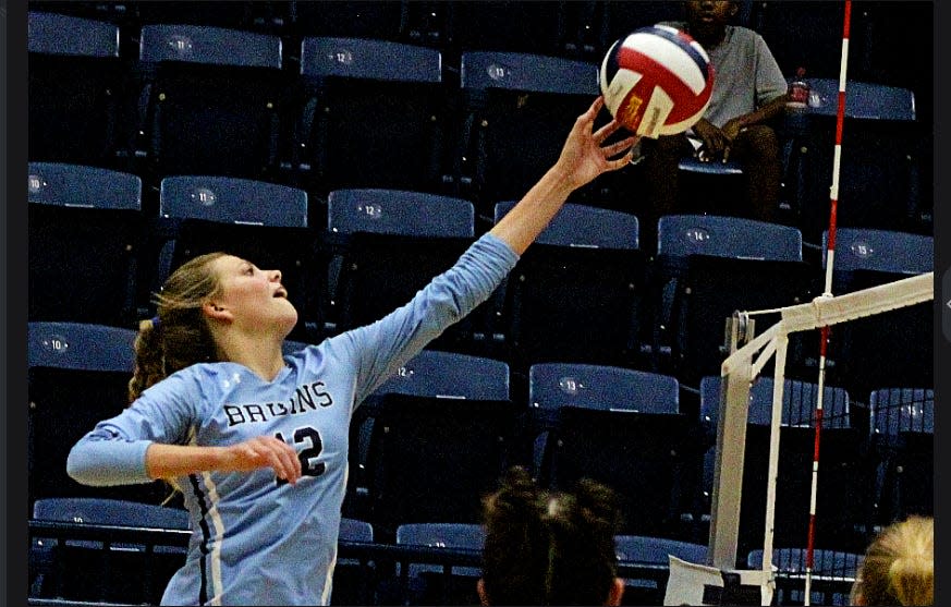 Bartlesville High School Emry Brown produces one of several kills during a home victory on Aug. 31, 2023 against Glenpool High School.