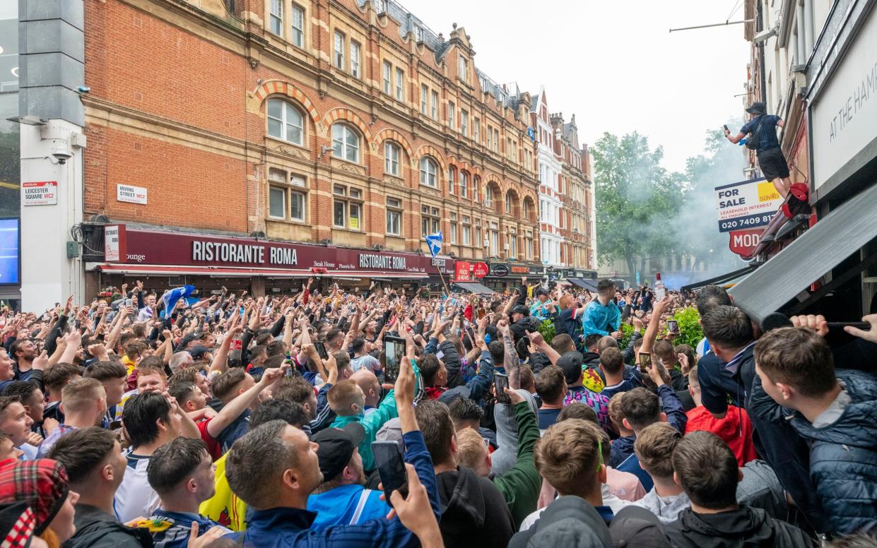 Scotland fans known as the Tartan Army gathered in Leicester Square to watch the England V Scotland EURO 2020 game - Geoff Pugh