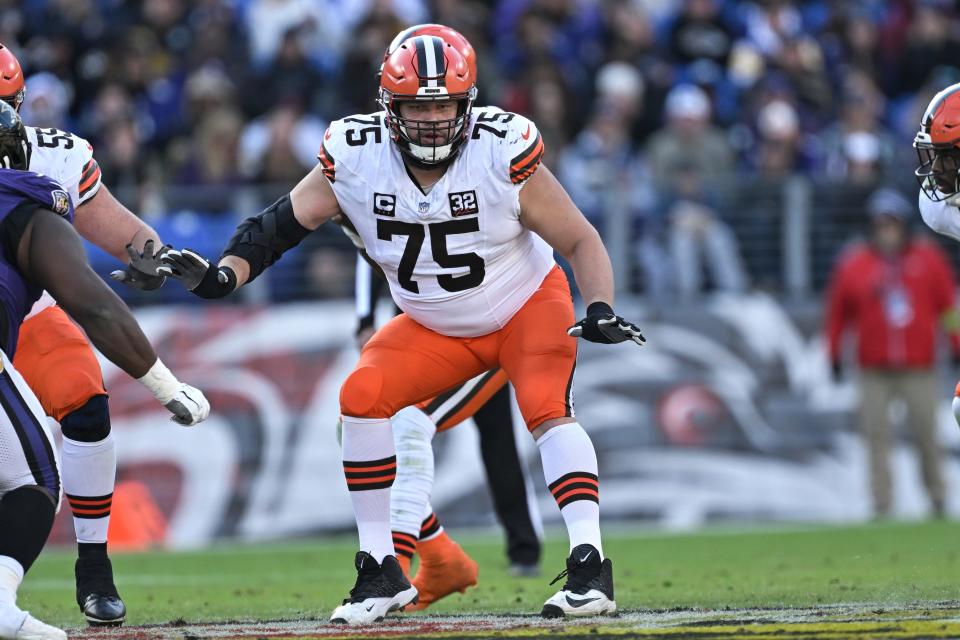 Cleveland Browns guard Joel Bitonio (75) in action against the Baltimore Ravens on Nov. 12, 2023, in Baltimore.