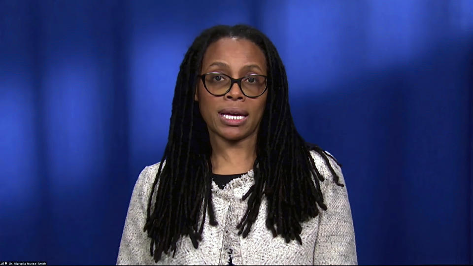 In this image from video, Dr. Marcella Nunez-Smith, the chair of the COVID-19 health equity task force, speaks during a White House briefing on the Biden administration's response to the COVID-19 pandemic Wednesday, Jan. 27, 2021, in Washington. (White House via AP)