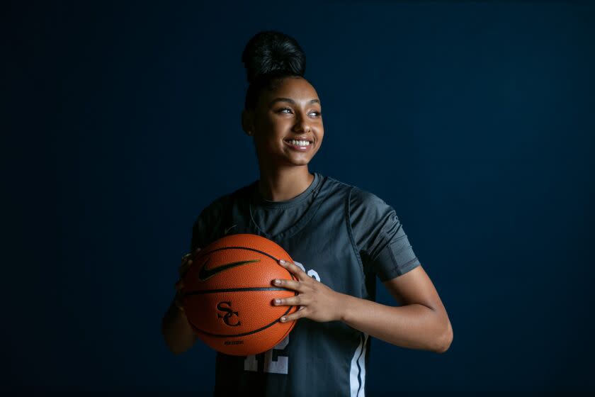 CHATSWORTH, CA - OCTOBER 12: Juju Watkins participants in Sierra Canyon High basketball media day on Wednesday, Oct. 12, 2022 in Chatsworth, CA. (Jason Armond / Los Angeles Times)