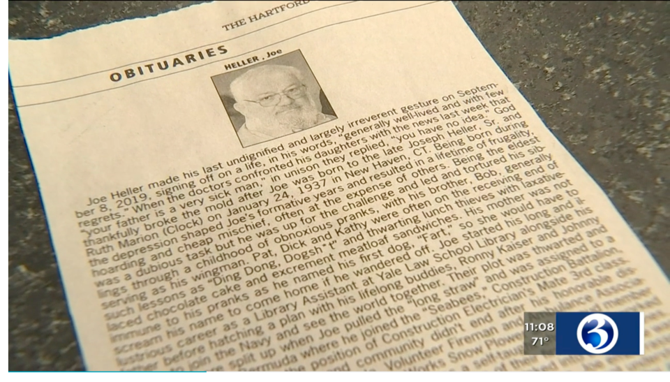 The obituary paid homage to the father's sense of humour. Source: WFSB