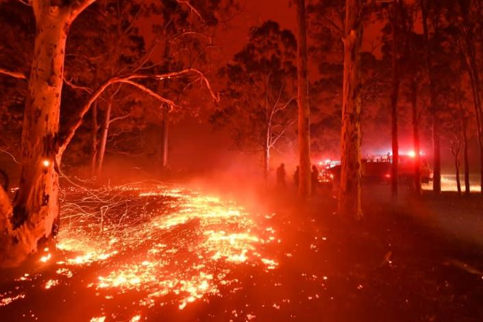 Burning embers cover the ground as firefighters battle against bushfires around the town of Nowra (AFP Photo/Saeed KHAN)