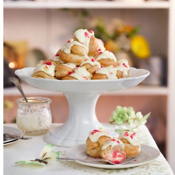 Rhubarb and custard profiteroles