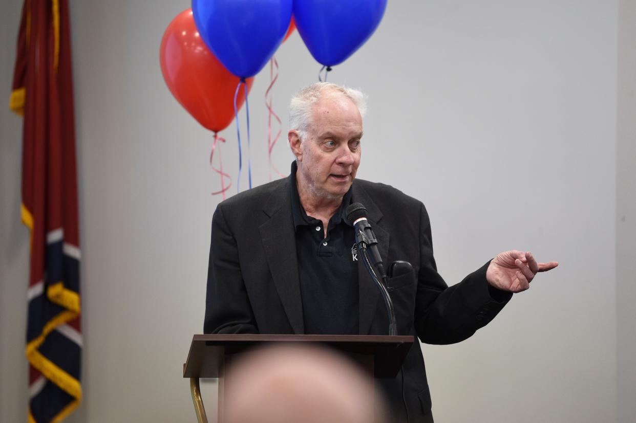 Fred Strohl, longtime volunteer, speaks at the American Museum of Science & Energy’s 75th Anniversary celebration at the AMSE in Oak Ridge, Tenn., Tuesday, March 19, 2024.