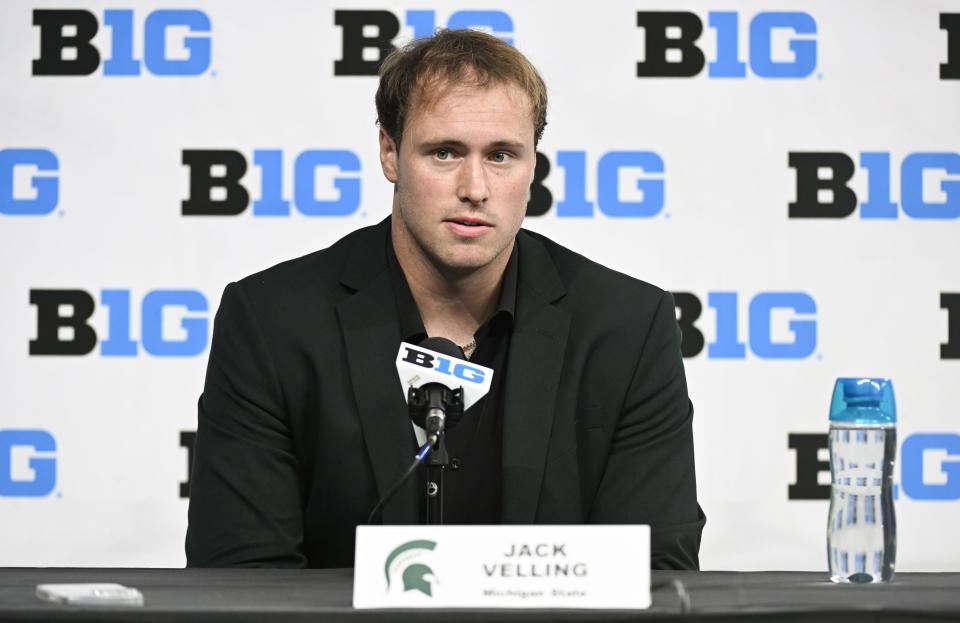 Michigan State Spartans tight end Jack Velling speaks to the media during Big Ten Football Media Days at Lucas Oil Stadium on Wednesday, July 24, 2024, in Indianapolis.