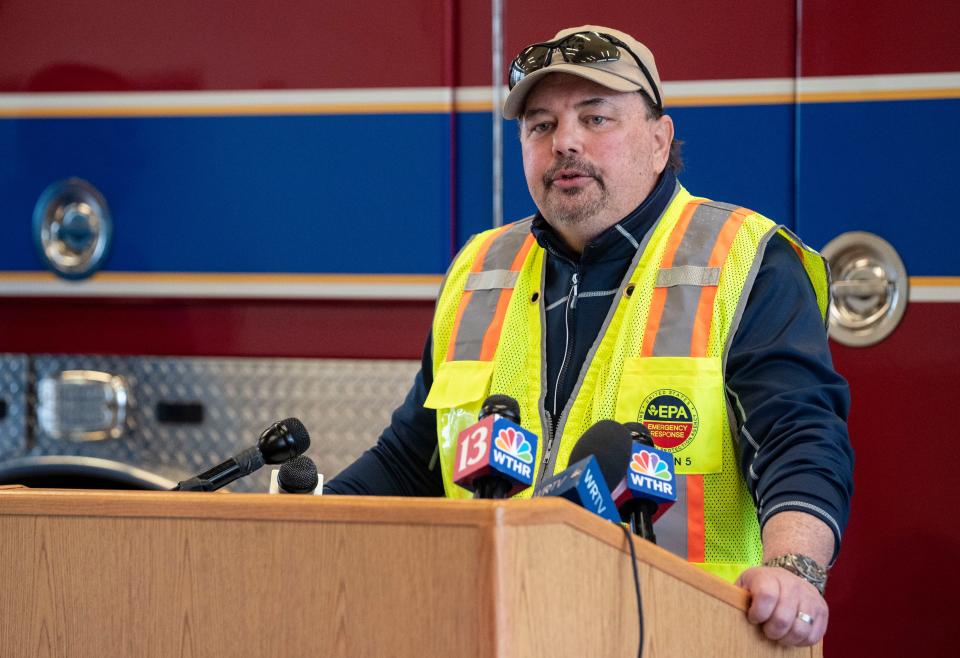 Jim Mitchell, of the EPA, speaks about public health and safety during a press conference Friday, March. 18, 2022, at the Plainfield Fire Territory Station 123 in Plainfield.