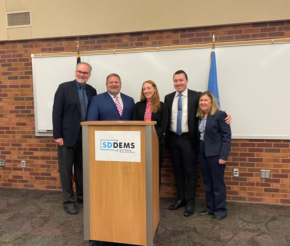 (From left to right) Sen. Reynold Nesiba, Jamie Smith, Rep. Kadyn Wittman, Erik Muckey and Rep. Linda Duba at a press event announcing which Democrats will run in the upcoming state House and Senate elections. Nesiba and Duba will step aside while Smith runs for the Senate, Muckley runs for House and Wittman runs for re-election.