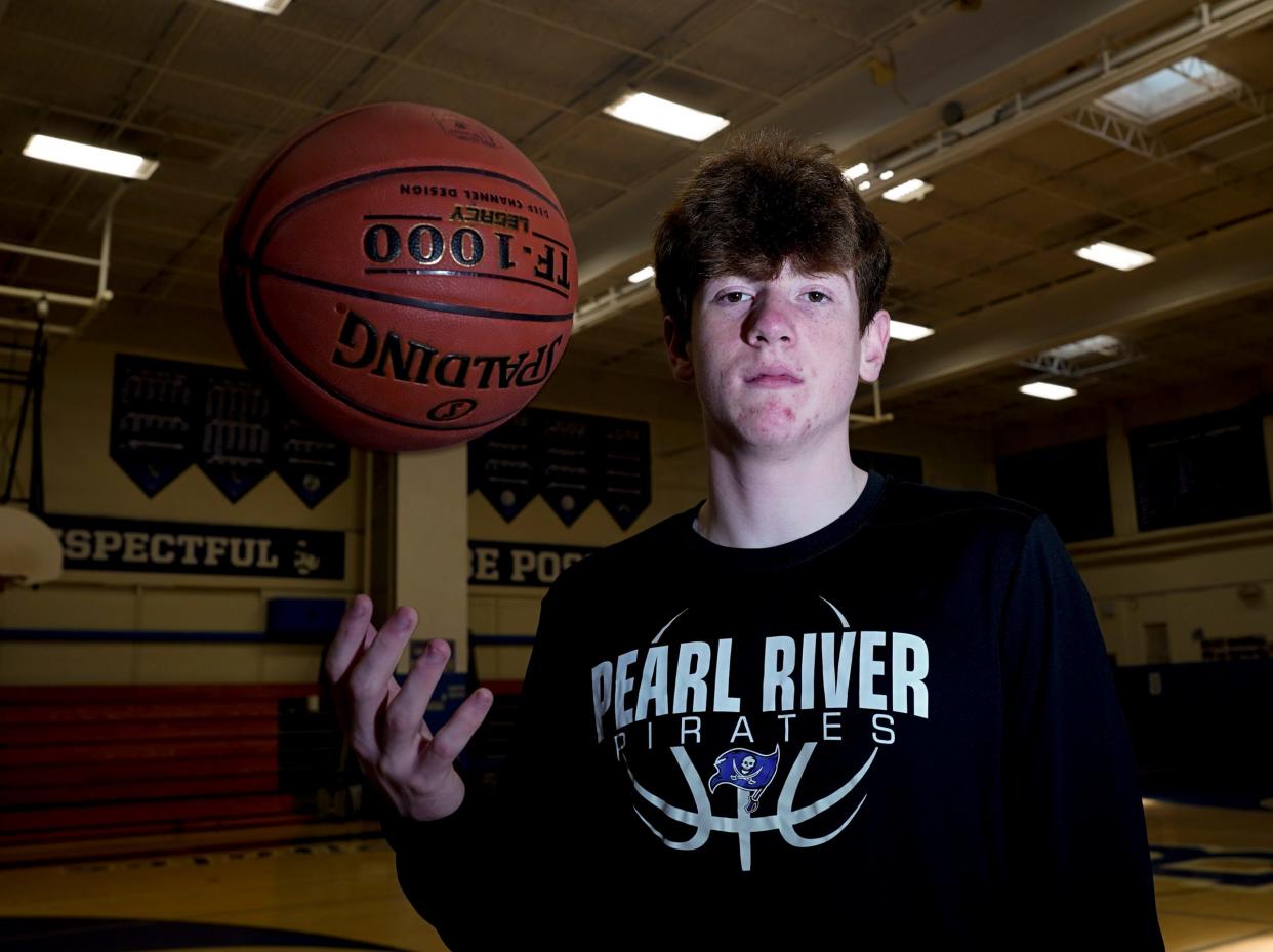 Pearl River's Aidan McCahey is selected as the Rockland boys basketball player of the year. McCahey was photographed at Pearl River High School on Tuesday, April 23, 2024.