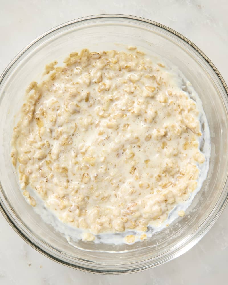 overhead shot of oatmeal made in the microwave in a glass bowl