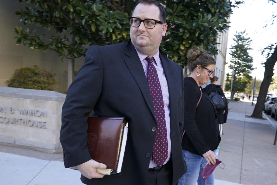 FILE - Former Los Angeles Angels employee Eric Kay walks out of federal court on Feb. 15, 2022, in Fort Worth, Texas, where he is on trial for federal drug distribution and conspiracy charges. Kay was sentenced to 22 years in federal prison on Tuesday, Oct. 11, 2022, for providing Angels pitcher Tyler Skaggs the drugs that led to his overdose death in Texas. (AP Photo/LM Otero, File)