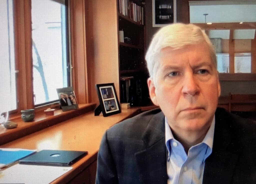 This screen shot from video shows former Michigan Gov. Rick Snyder on June 28, 2020 during his Zoom hearing in the 67th District Court in Flint, Mich. (67th District Court in Flint via AP, file)
