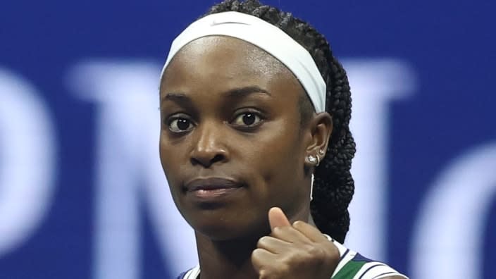 Tennis player Sloane Stephens celebrates a point against Cori Gauff during their Women’s Singles second round match on Day Three of the 2021 U.S. Open. (Photo by Matthew Stockman/Getty Images)