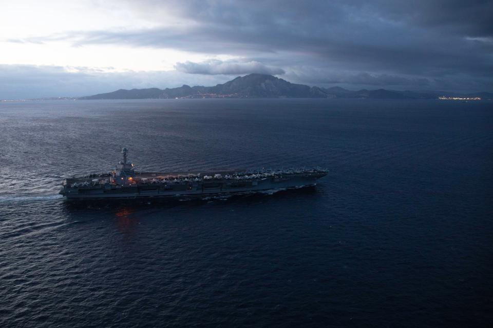 The aircraft carrier USS Gerald R. Ford transits the Strait of Gibraltar, Jan. 5, 2024.