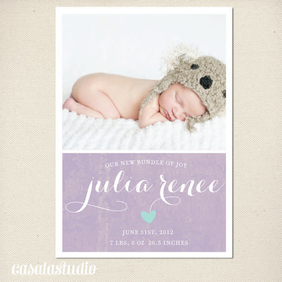 (Etsy/<a href="http://www.etsy.com/listing/94971644/birth-announcement-baby-announcement-diy">casalastudio</a>, $15)