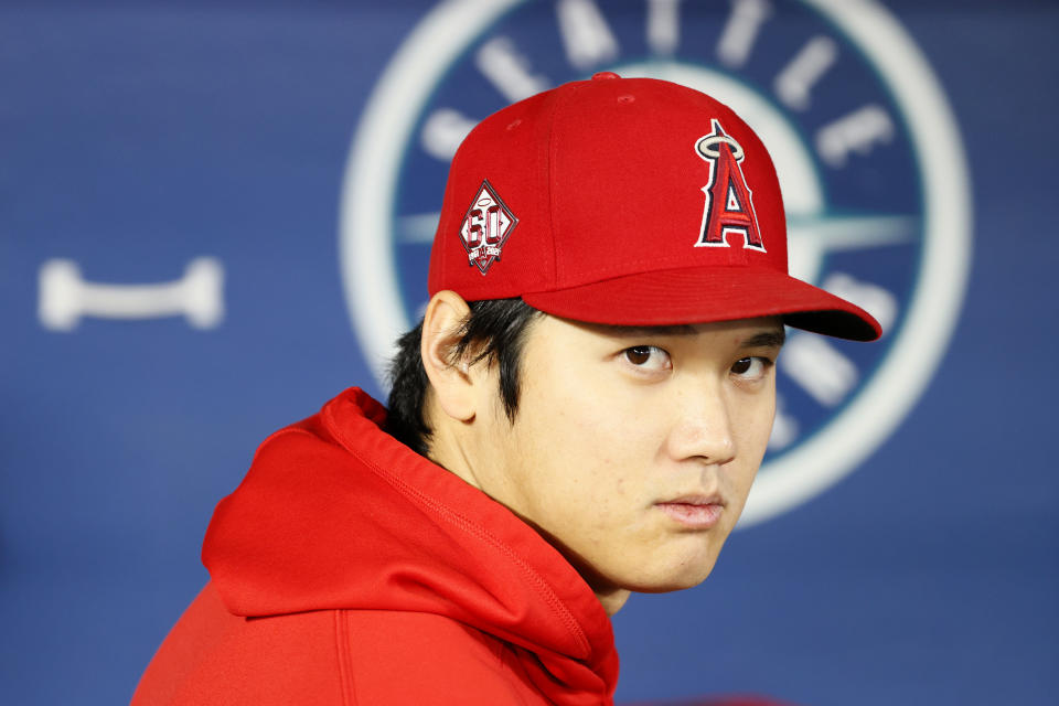 SEATTLE, WASHINGTON - OCTOBER 03: Shohei Ohtani #17 of the Los Angeles Angels looks on before the game against the Seattle Mariners at T-Mobile Park on October 03, 2021 in Seattle, Washington. (Photo by Steph Chambers/Getty Images)