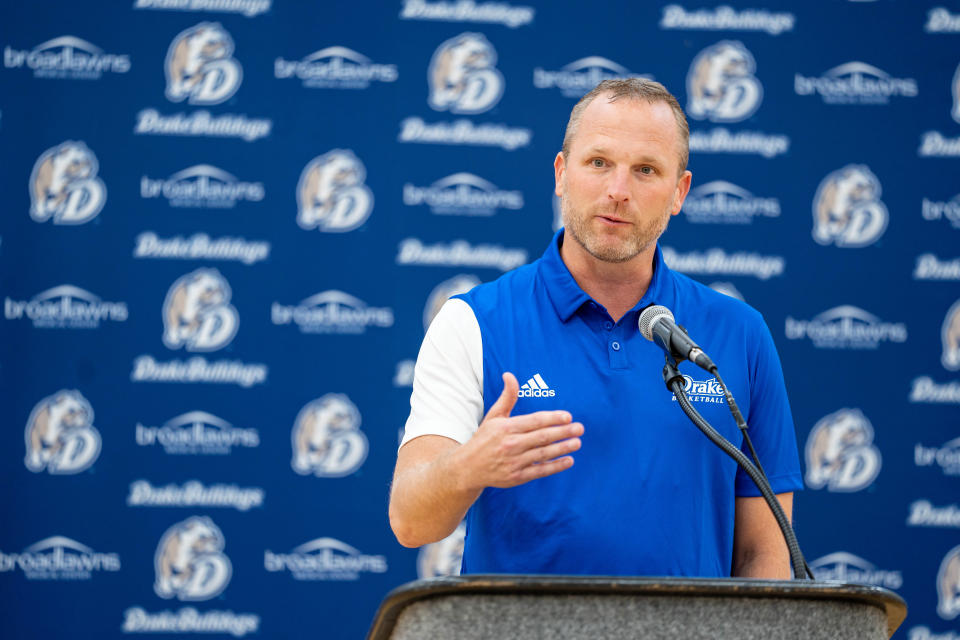 Coach Darian DeVries speaks to reporters during the Drake men's basketball team's media day on Monday.
