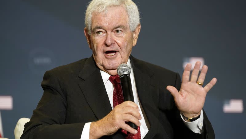 Former House Speaker Newt Gingrich speaks before former President Donald Trump at an America First Policy Institute agenda summit at the Marriott Marquis in Washington, on July 26, 2022.