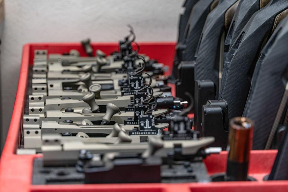 A bin of NXT actions at the Gunwerks factory in Cody, Wyoming.