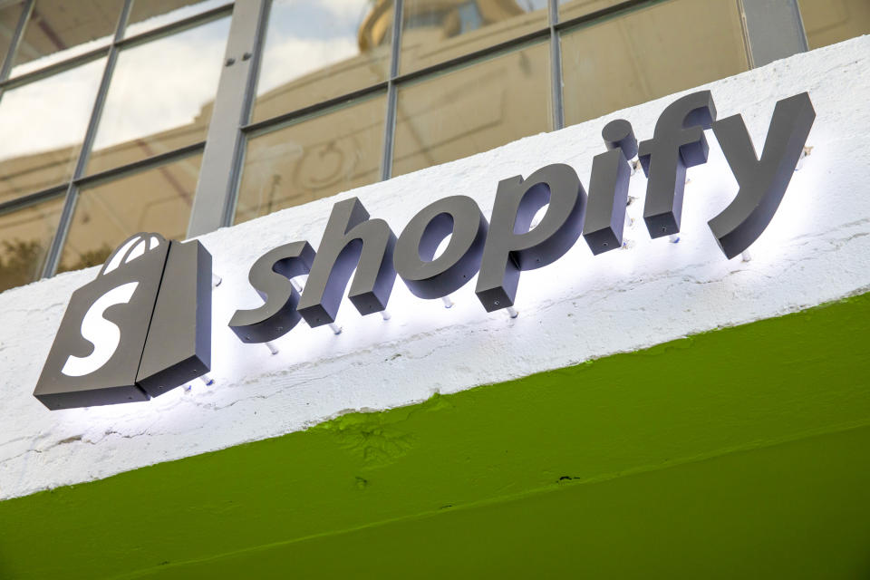 Shopify sign hanging outside its Los Angeles location.