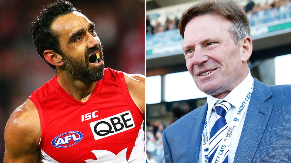 A documentary detailing the racist treatment endured by Adam Goodes, left, has riled former TV personality Sam Newman (right).