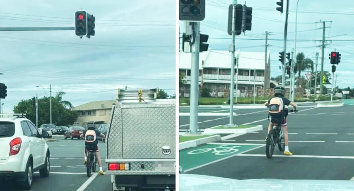 A child in a motorbike helmet at a Redcliffe Peninsula junction on an electric bike.