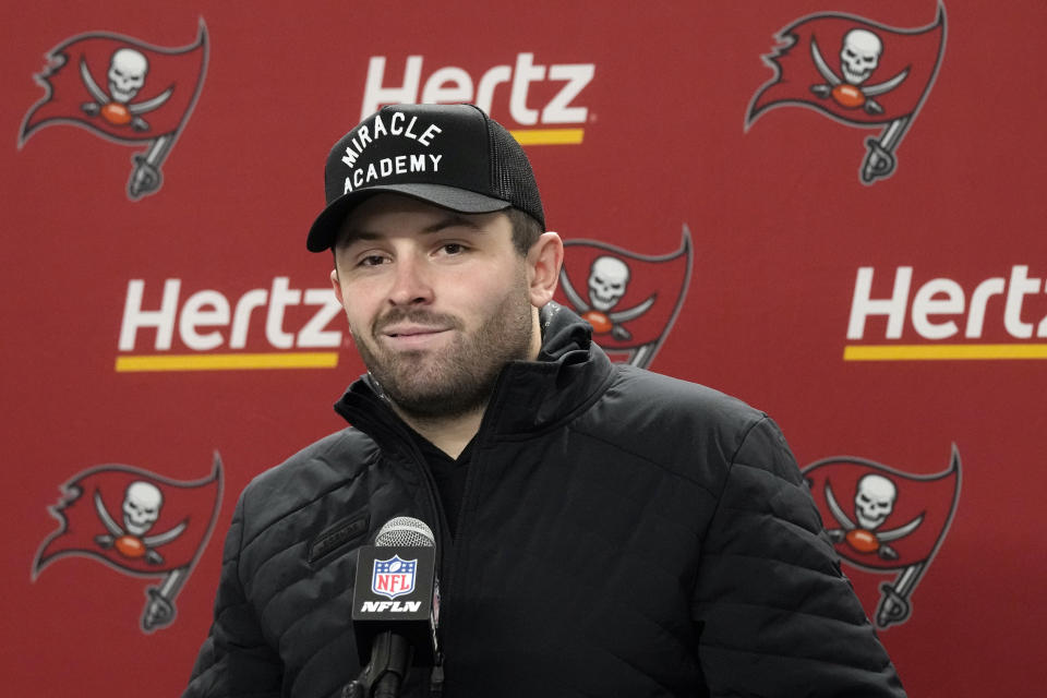 Tampa Bay Buccaneers quarterback Baker Mayfield addresses the media after an NFL football NFC divisional playoff game against the Detroit Lions, Sunday, Jan. 21, 2024, in Detroit. (AP Photo/Carlos Osorio)