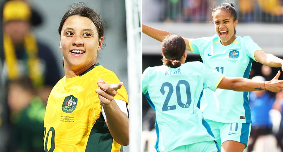 Pictured Matildas captain Sam Kerr left and Kerr and Mary Fowler celebrating a goal