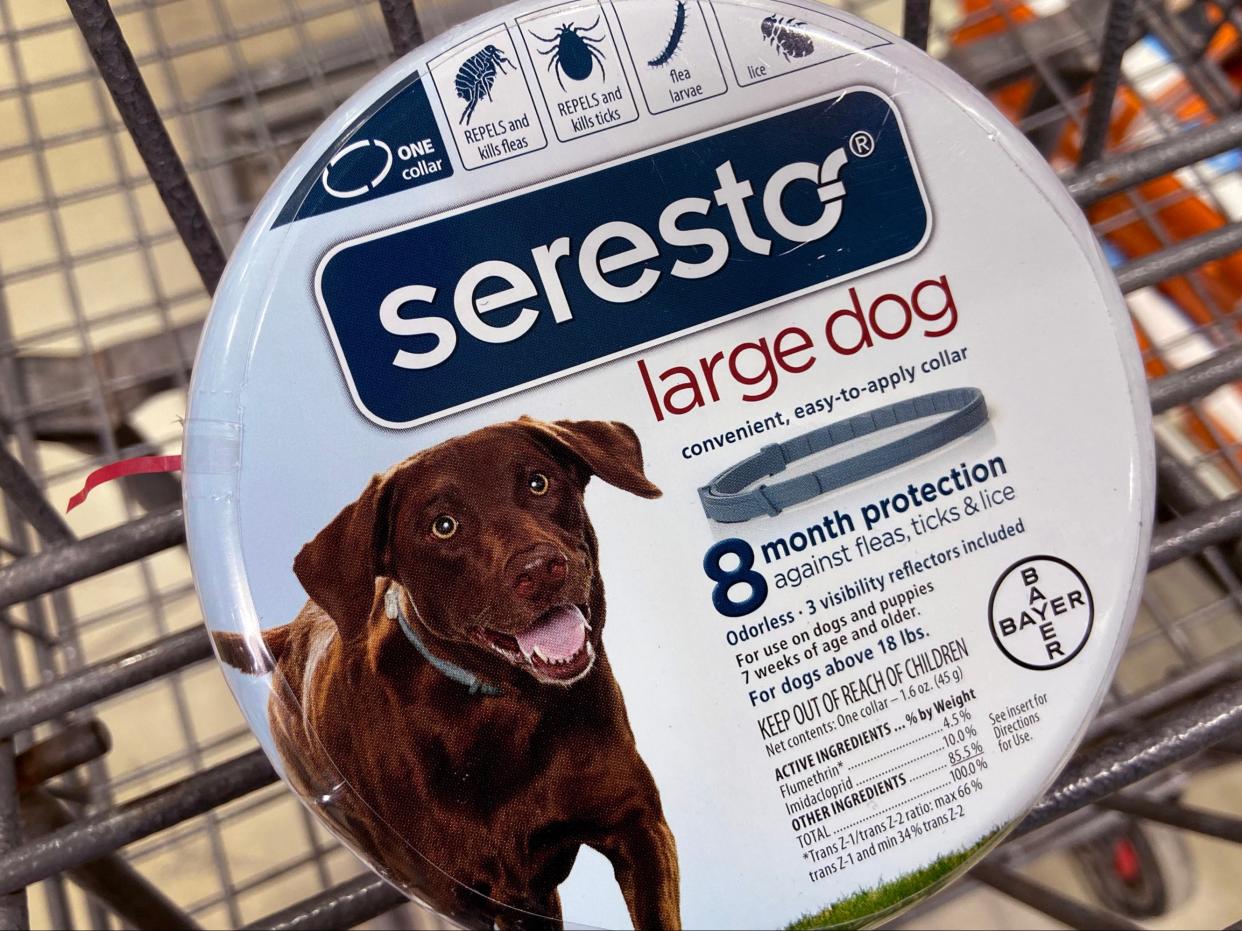 <p>In this photo illustration, Seresto pet collars are offered for sale at a retail store on 03 March 2021 in Chicago, Illinois</p> ((Getty Images))