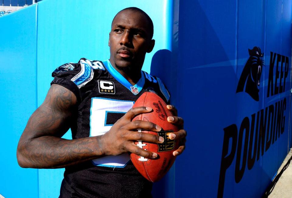 Carolina Panthers linebacker Thomas Davis, photographed at Bank of America Stadium in 2015. Davis made the Pro Bowl three times in his career, all of them after undergoing three ACL surgeries on the same knee.