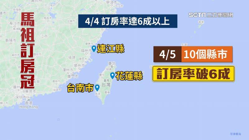 交通部觀光署統計，4月4日台南市、花蓮縣、連江縣訂房率破6成。