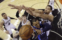 Dallas Mavericks' Monta Ellis (11) is pressured by San Antonio Spurs' Tim Duncan, right, as he tries to score during the first half of Game 2 of the opening-round NBA basketball playoff series on Wednesday, April 23, 2014, in San Antonio. (AP Photo/Eric Gay)