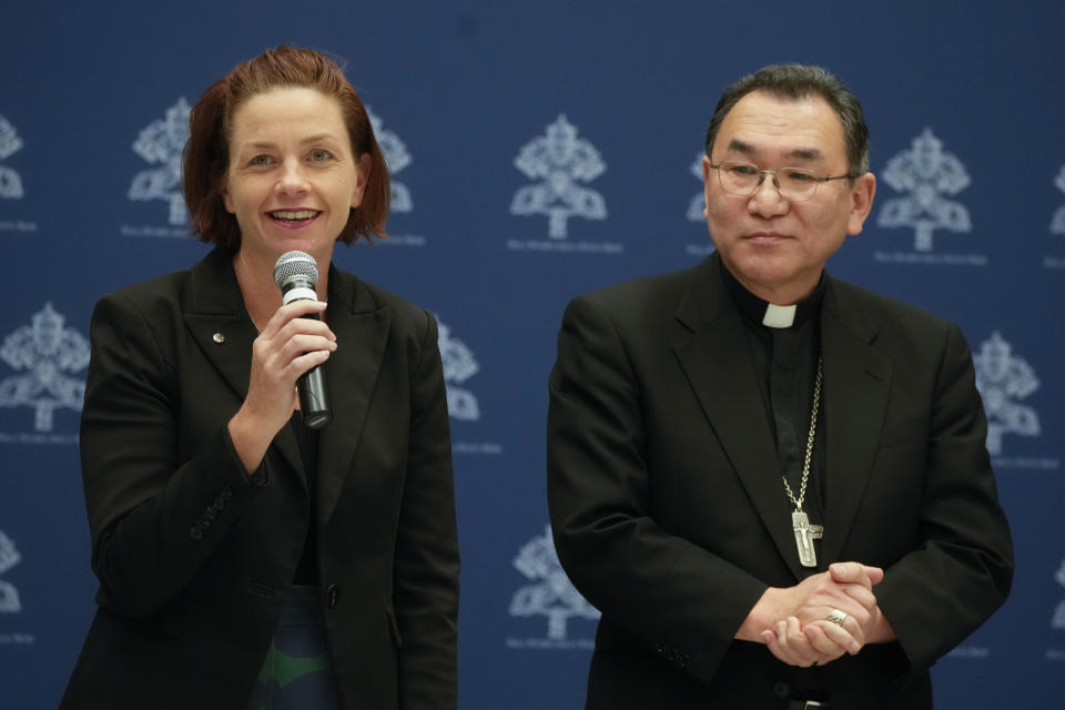 Caritas Internationalis Vice President, Kirsty Robertson, and the new Caritas Internationalis President, Tokyo Archbishop Tarcisio Isao Kikuchi, meet the journalists at the Vatican, Tuesday, May 16, 2023. (AP Photo/Gregorio Borgia)