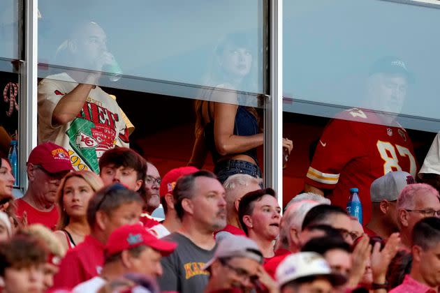 Taylor Swift is seen in Travis Kelce's suite at Arrowhead Stadium.