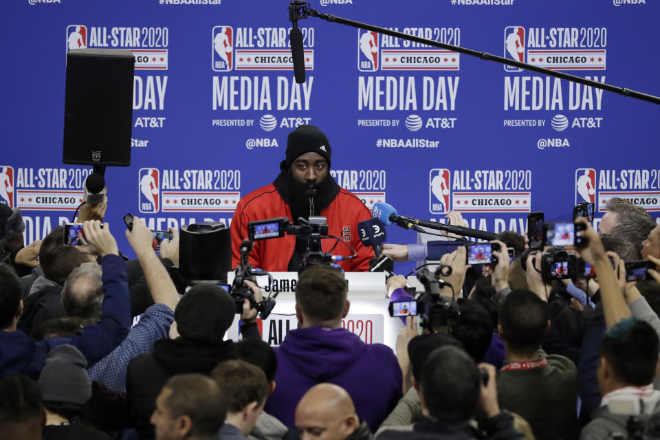 James Harden, of the Houston Rockets, speaks at the NBA All-Star basketball game media day, Saturday, Feb. 15, 2020, in Chicago. (AP Photo/Nam Y. Huh)